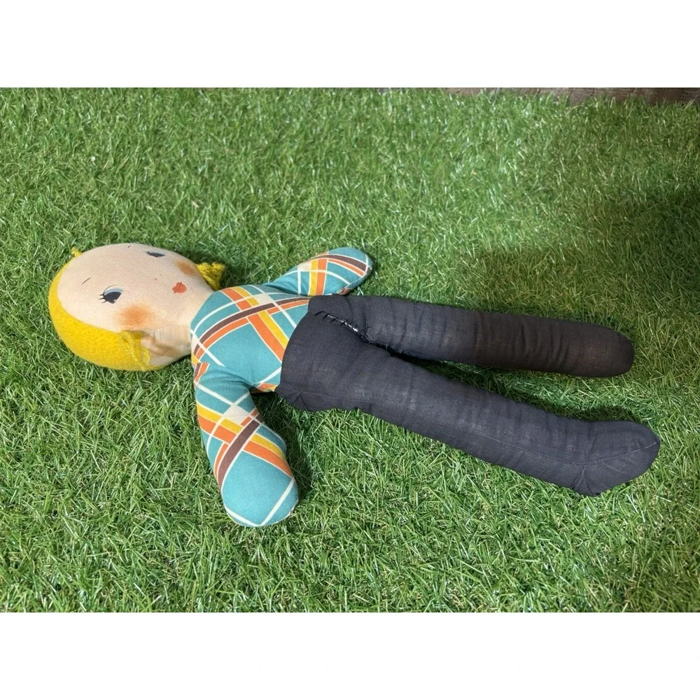 Vintage Handmade Cloth Rag Doll Blonde Hair‎ Plaid Shirt